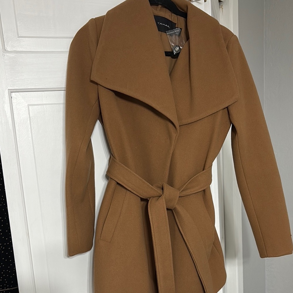 Tahari Tan Trench Coat Elegant Wrap Design